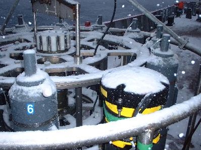 CTD equipment covered in snow seen here on the deck of a ship